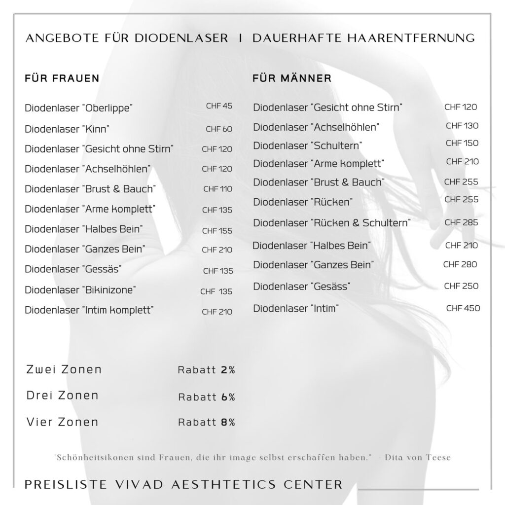 Preisliste Laser Haarentfernug in Zug, Cham & Luzern